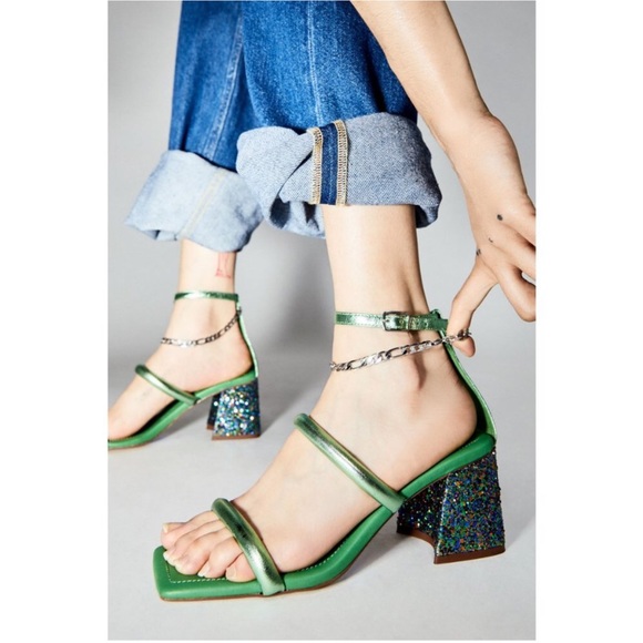 Free People Parker Chain Heel Green Metallic Strappy Sandal Shoe Glitter - Picture 2 of 16